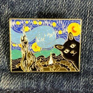 New! Starry Night featuring a Cat Enamel Pin Feline Funny‎ Art Brooch